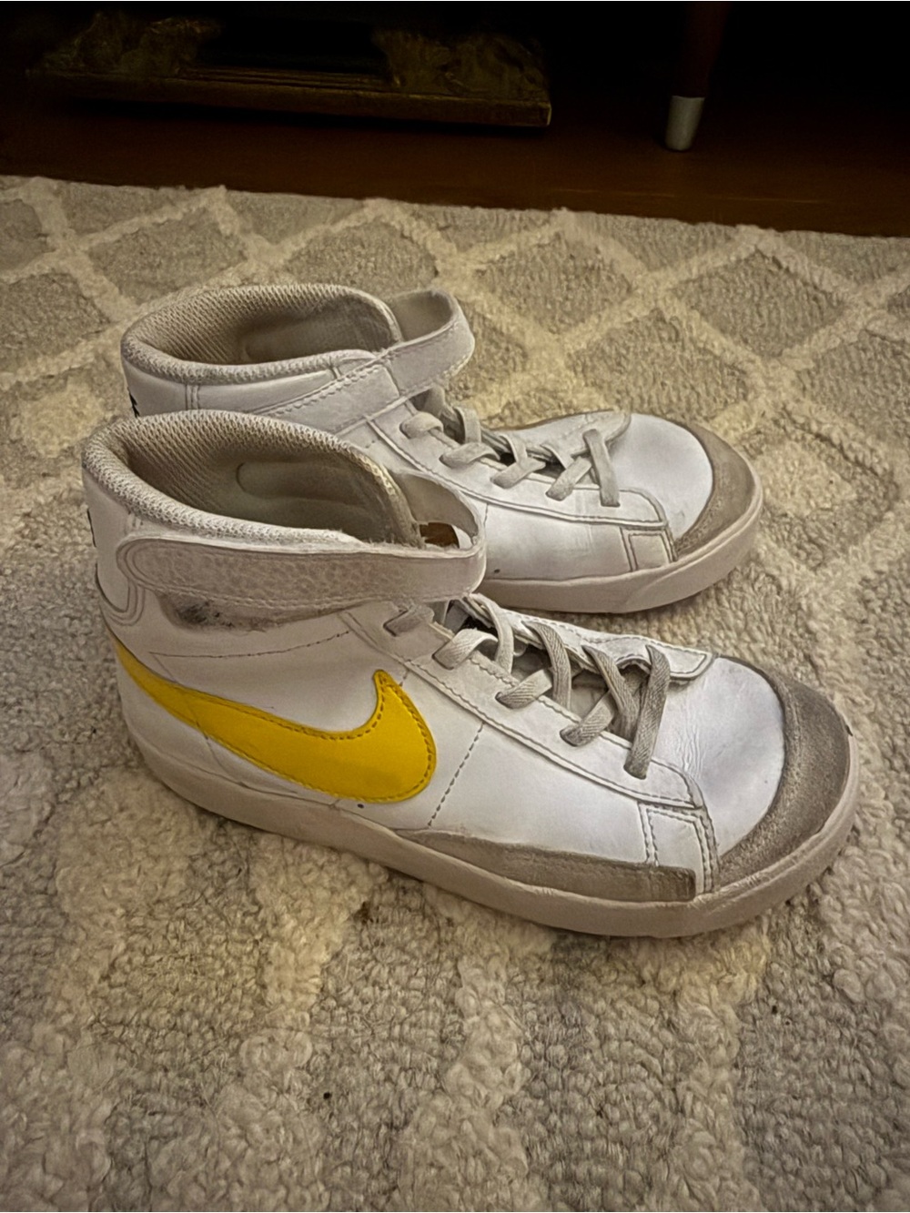 Nike Kids White High-Top Sneakers with Yellow Swoosh and Gray Accents